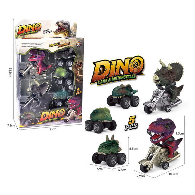 SET 2 DINO CON MOTO Y 3 VEHICULOS