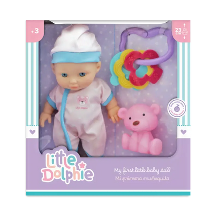 Muñeca de 23 cm , extremidades de vinilo y aroma suave. Incluye juguete de silicona y sonajero.