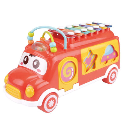 xilófono y clasificador de formas en forma de bus. Disponible en celeste y rojo.