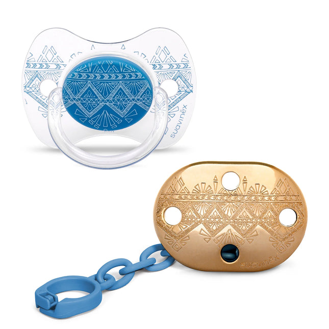 CHUPETE + BROCHE PREMIUM FISIOLOGICO SILICONA 4/18M AZUL