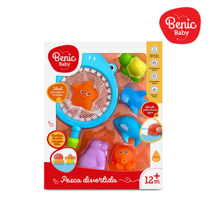 Juego de pesca con red de tiburón y 6 animalitos de silicona. Cambian de color con agua tibia.