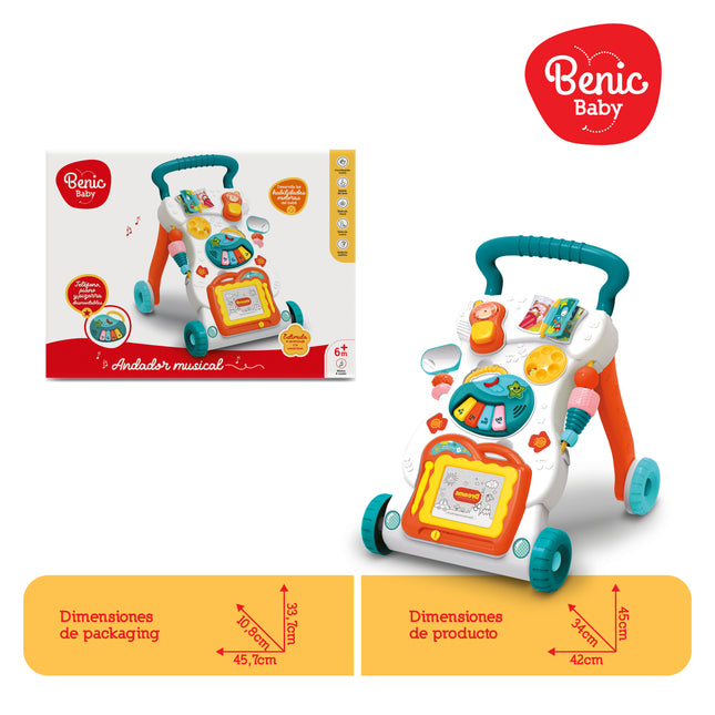 Andador musical con piano, pizarra magnética y accesorios incluidos.