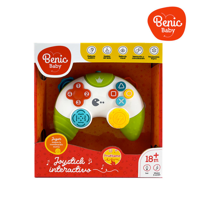 "Joystick interactivo con luz, sonido, música y botón de prueba."