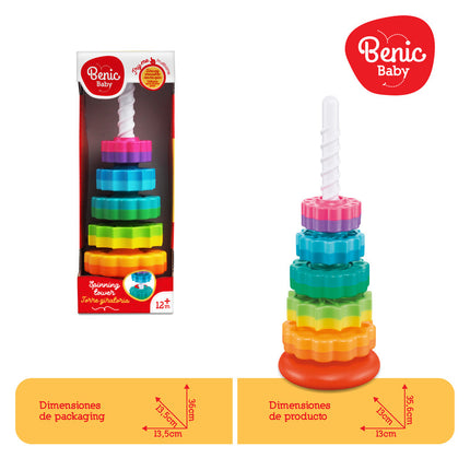 "Torre arcoíris giratoria. Incluye: 5 anillos de colores."