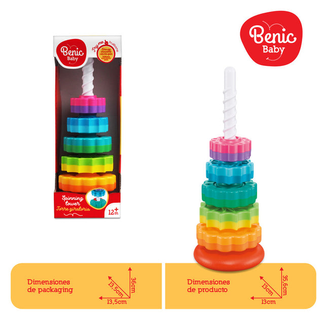"Torre arcoíris giratoria. Incluye: 5 anillos de colores."