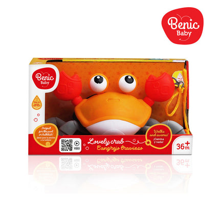 "Cangrejo a cuerda que nada y camina por el suelo. Disponible en naranjo y celeste."