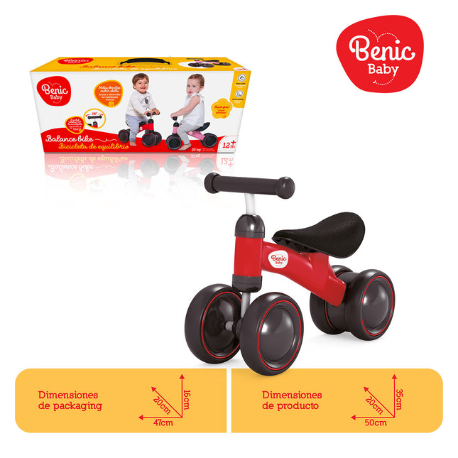 Bicicleta de equilibrio color rojo, sin pedales y de estructura liviana.