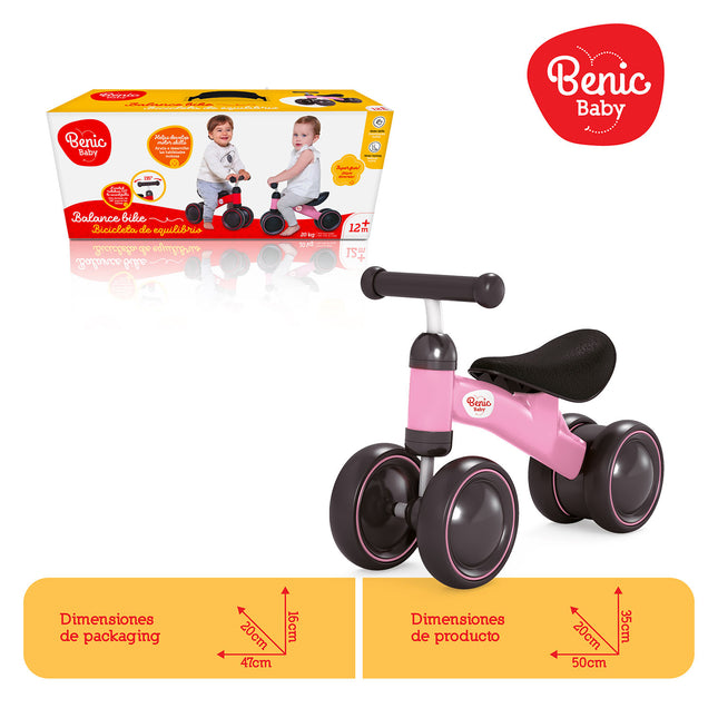 Bicicleta de equilibrio color rosado, sin pedales y de estructura liviana.