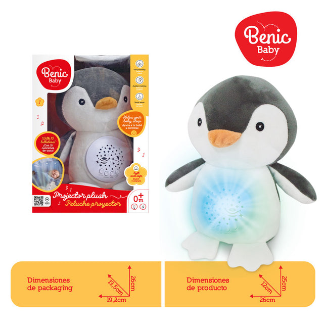 Peluche en forma de pingüino con proyector, luces y sonidos.