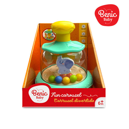 Carrusel con pelota giratoria e ilustraciones de animalitos.