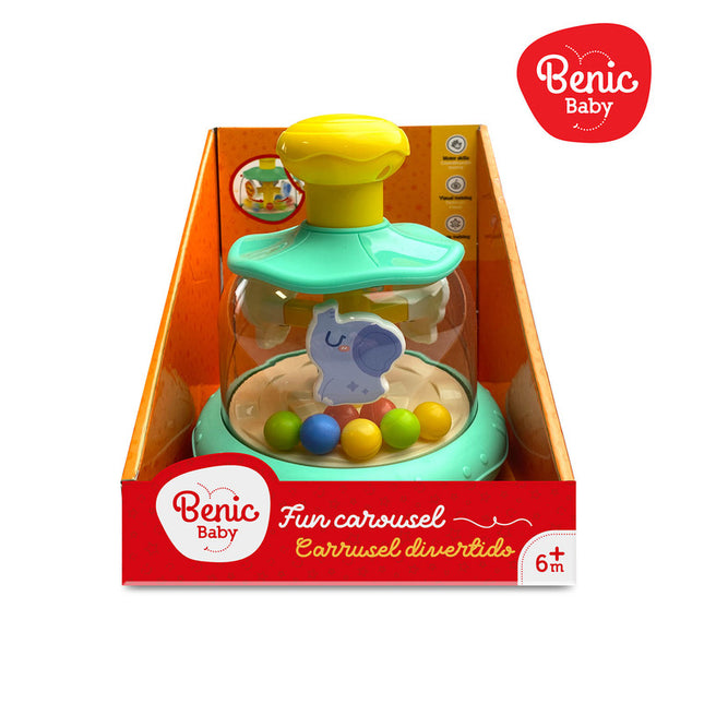 Carrusel con pelota giratoria e ilustraciones de animalitos.
