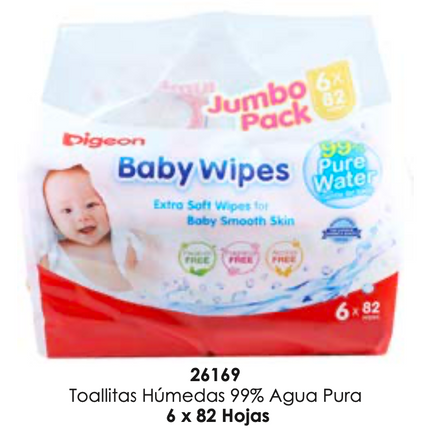 Toallita Humeda 82 Hojas 99% Agua Pura 6 en 1 Bolsa Pigeon