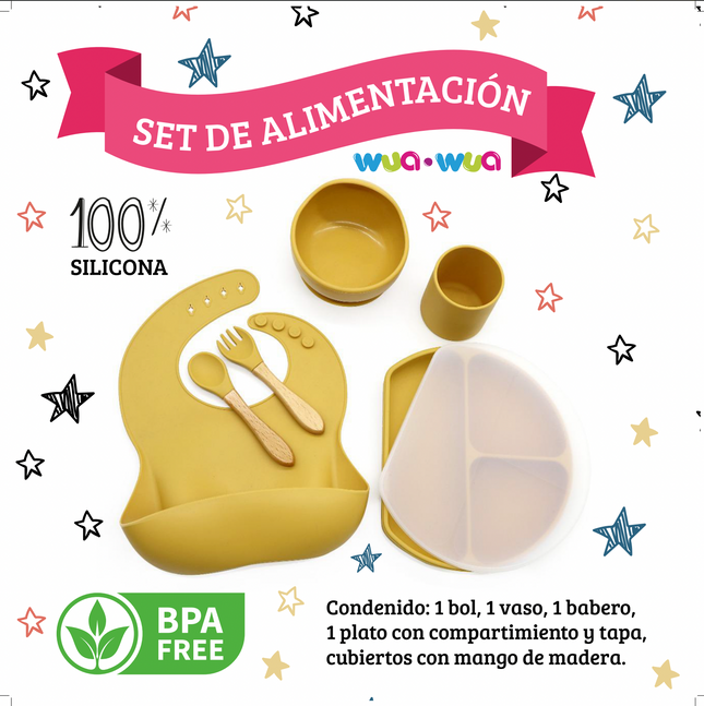 SET DE COMIDA BABERO, BOWL, PLATO CON DIVISIONES, VASO Y CUBIERTOS DE SILICONA MANGO