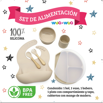 SET DE COMIDA BABERO, BOWL, PLATO CON DIVISIONES, VASO Y CUBIERTOS DE SILICONA BEIGE