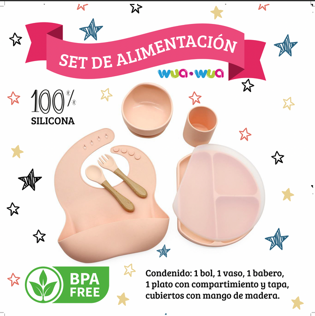 SET DE COMIDA BABERO, BOWL, PLATO CON DIVISIONES, VASO Y CUBIERTOS DE SILICONA PEACH