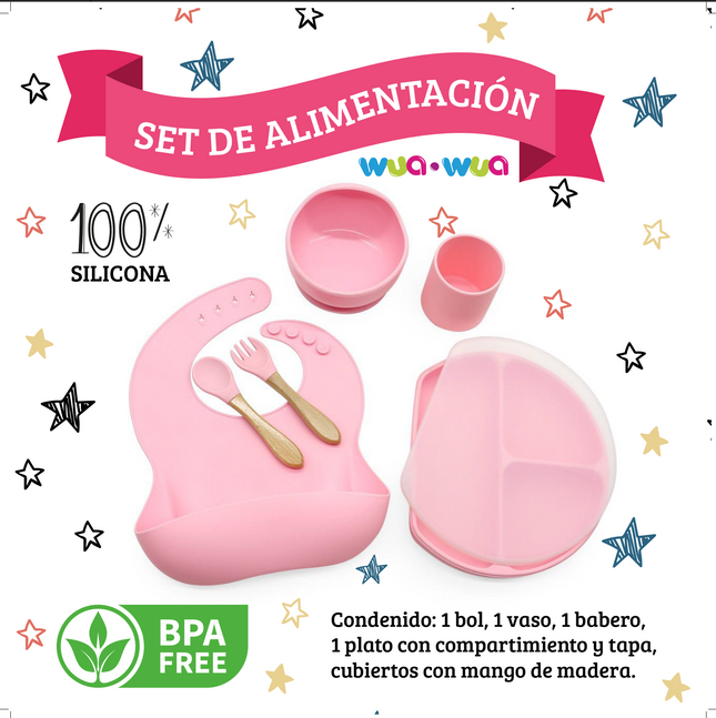 SET DE COMIDA BABERO, BOWL, PLATO CON DIVISIONES, VASO Y CUBIERTOS DE SILICONA PINK