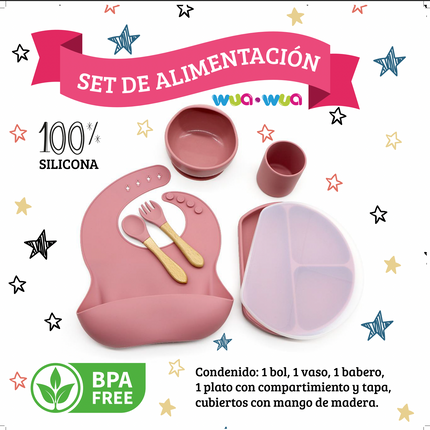 SET DE COMIDA BABERO, BOWL, PLATO CON DIVISIONES, VASO Y CUBIERTOS DE SILICONA DARK PINK