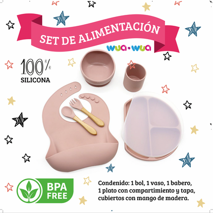 SET DE COMIDA BABERO, BOWL, PLATO CON DIVISIONES, VASO Y CUBIERTOS DE SILICONA ROSE PINK