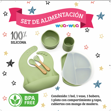 SET DE COMIDA BABERO, BOWL, PLATO CON DIVISIONES, VASO Y CUBIERTOS DE SILICONA OLIVE