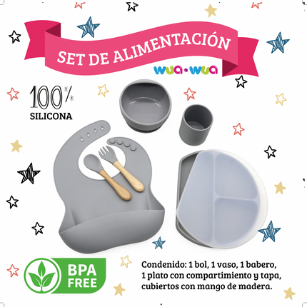 SET DE COMIDA BABERO, BOWL, PLATO CON DIVISIONES, VASO Y CUBIERTOS DE SILICONA GREY