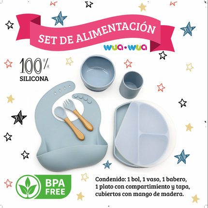 SET DE COMIDA BABERO, BOWL, PLATO CON DIVISIONES, VASO Y CUBIERTOS DE SILICONA DUSTY BLUE
