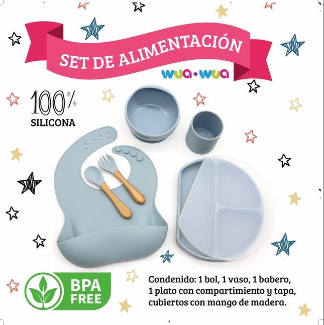 SET DE COMIDA BABERO, BOWL, PLATO CON DIVISIONES, VASO Y CUBIERTOS DE SILICONA DUSTY BLUE