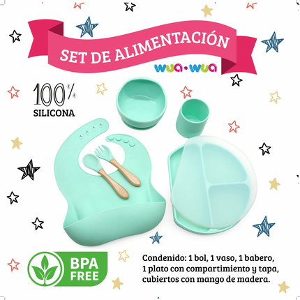 SET DE COMIDA BABERO, BOWL, PLATO CON DIVISIONES, VASO Y CUBIERTOS DE SILICONA MINT