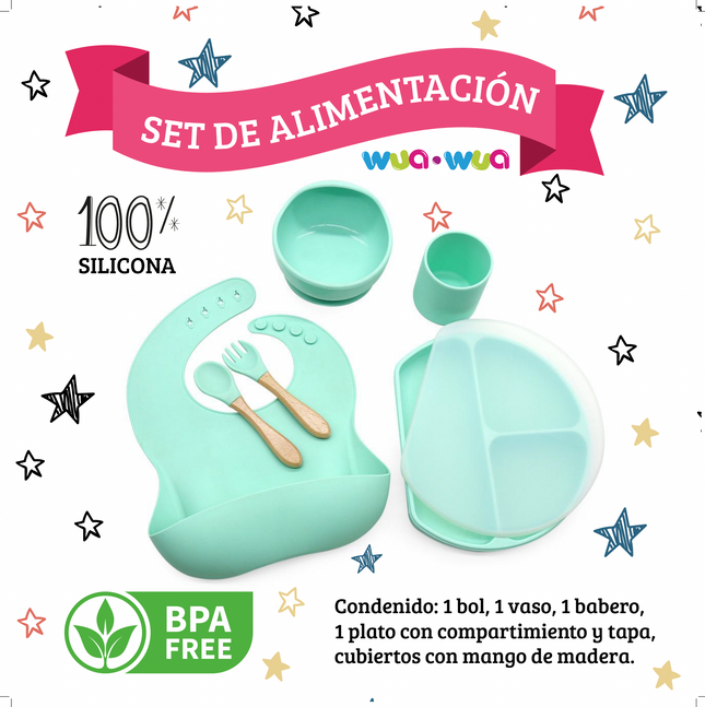 SET DE COMIDA BABERO, BOWL, PLATO CON DIVISIONES, VASO Y CUBIERTOS DE SILICONA MINT