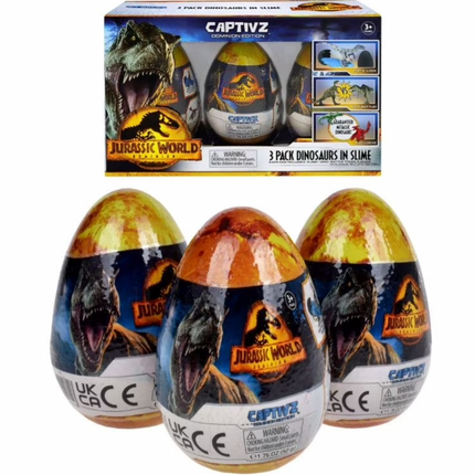PACK 3 HUEVOS CON DINOSAURIOS, SLIME, MONEDAS Y GUIA JURASSIC WORLD DOMINION