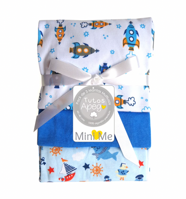 3 Pack Tutos Algodón 65x40 cms Azul
