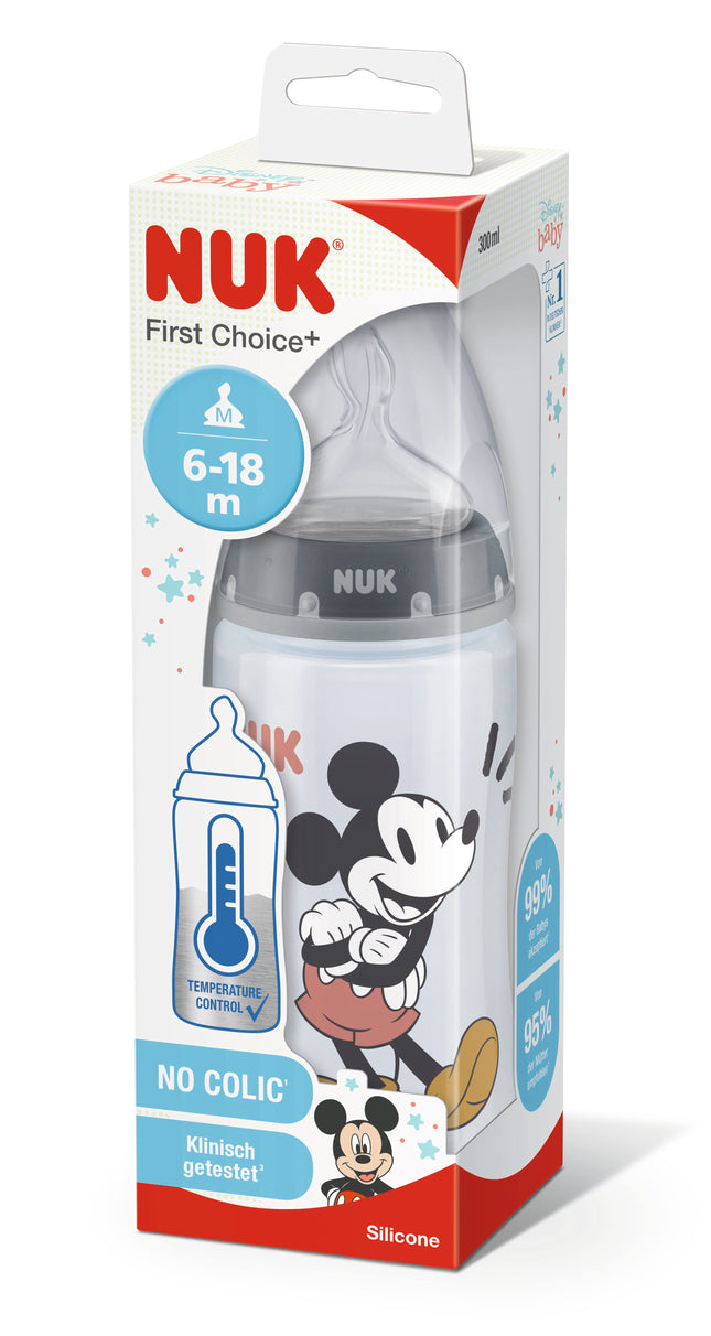 Mamadera First Choice Silicona Mickey Mouse con Sensor de Temperatura 300ml.