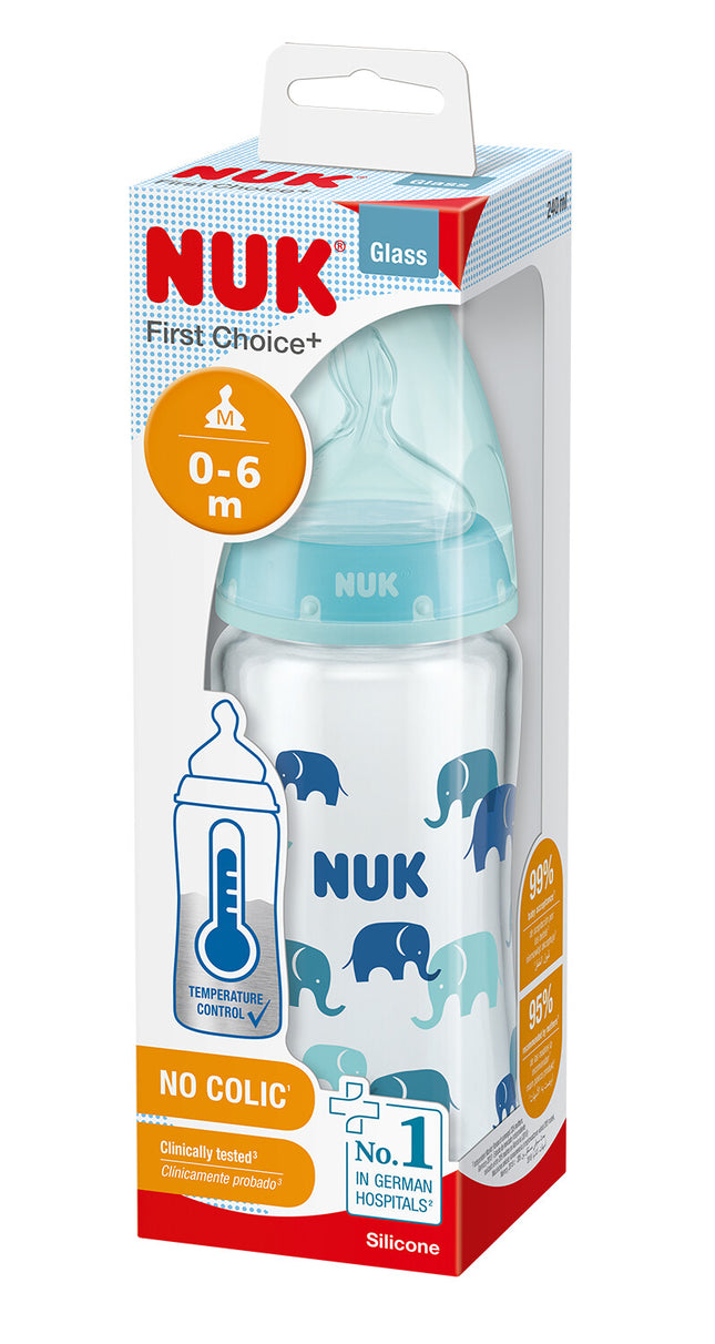 Mamadera de Vidrio First Choice Sensor de Temperatura240ml Azul