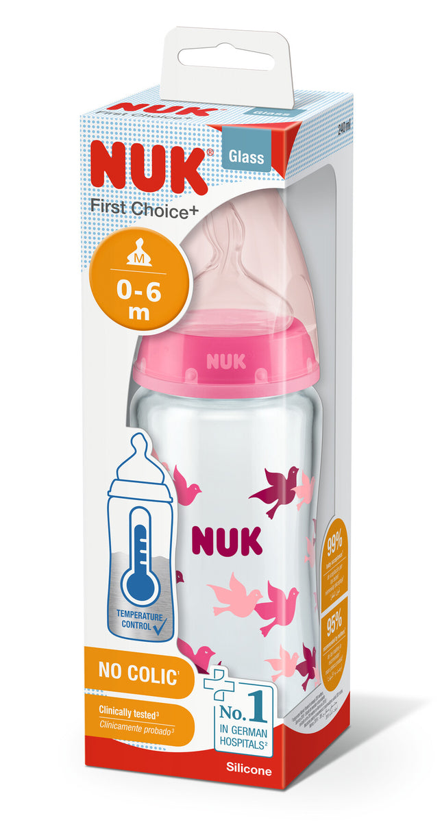 Mamadera de Vidrio First Choice Sensor de Temperatura 240ml Rosado