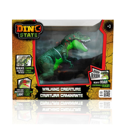 Dinosaurio con función de caminata, luces y sonidos. Disponible en verde, café y azul.