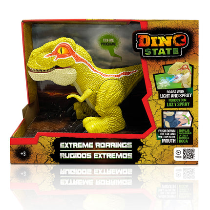 Dinosaurio con vapor, movimiento, luces y sonidos. Disponible en verde y gris.