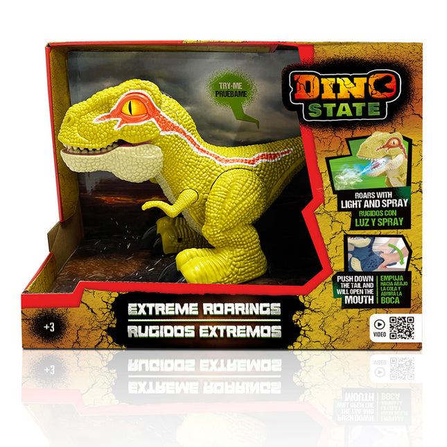 Dinosaurio con vapor, movimiento, luces y sonidos. Disponible en verde y gris.