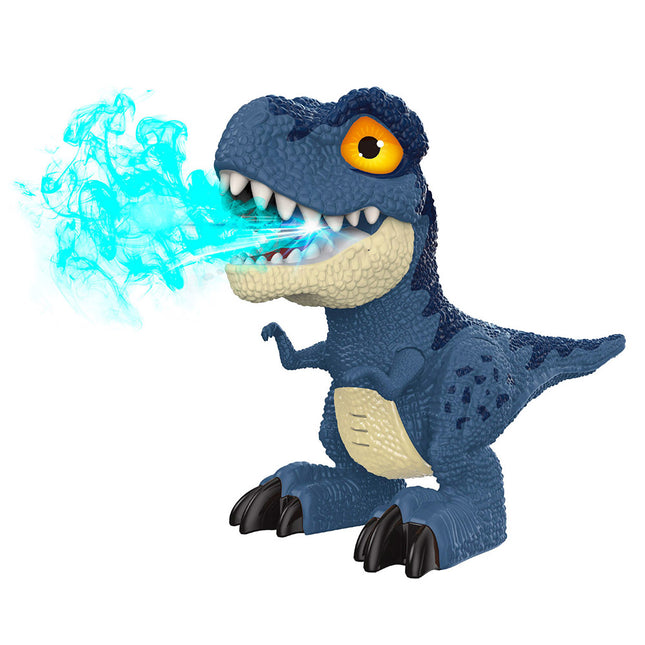 Dinosaurio con vapor, movimiento, luces y sonidos. Disponible en café y azul.