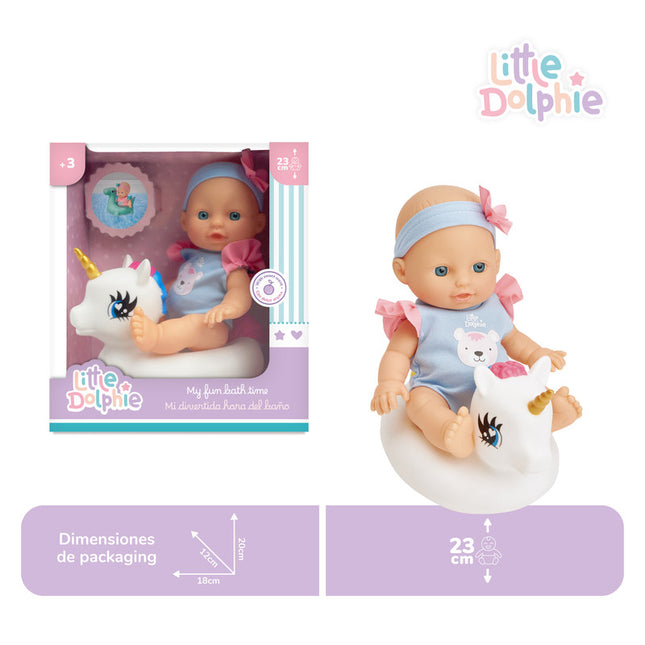 Muñeca de 23 cm con extremidades de vinilo y aroma delicado. Incluye unicornio inflable.