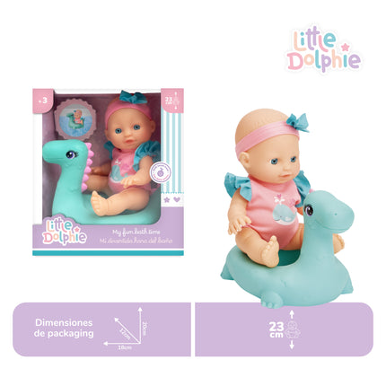 Muñeca de 23 cm , extremidades de vinilo y aroma suave. Incluye dinosaurio inflable.