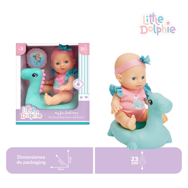 Muñeca de 23 cm , extremidades de vinilo y aroma suave. Incluye dinosaurio inflable.