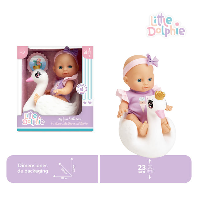 Muñeca de 23 cm con extremidades de vinilo y aroma suave. Incluye cisne inflable.