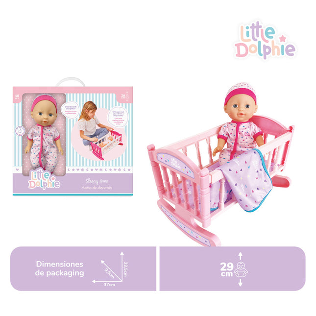 Muñeca de 29 cm con extremidades de vinilo y aroma delicado. Incluye cuna y cobijita.