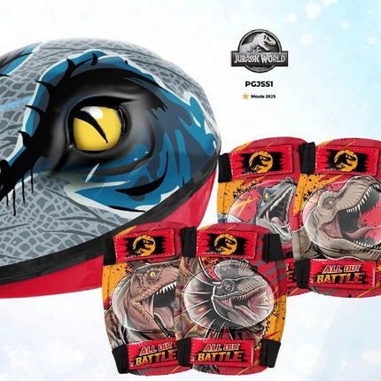 SET CASCO 3D, RODILLERAS Y CODERAS JURASSIC WORLD