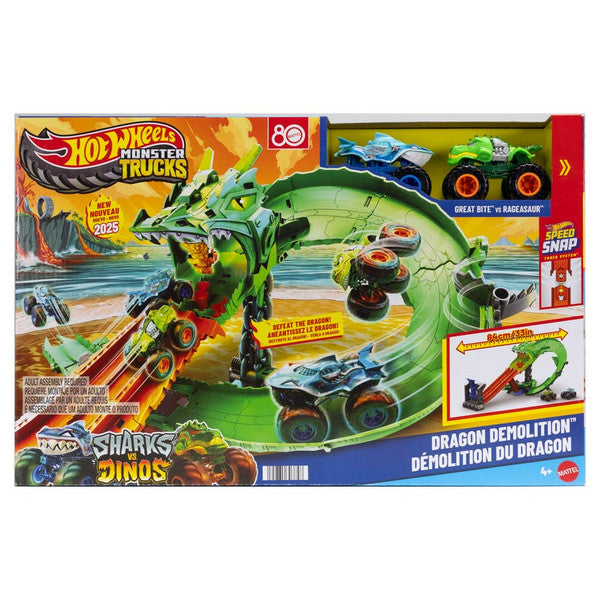 LAT HW MONSTER TRUCKS SHARKS VS. DINOS DRAGON DESTRUCTION