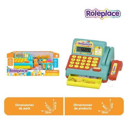 Caja registradora con luz, sonido, canasta de compras, billetes de juguete y accesorios incluidos.