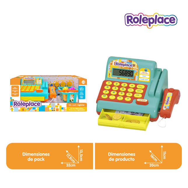 Caja registradora con luz, sonido, canasta de compras, billetes de juguete y accesorios incluidos.