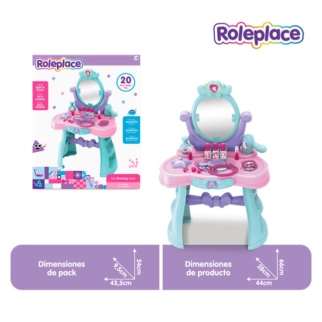 Tocador de belleza con luz, sonido, 16 accesorios y hoja de stickers.