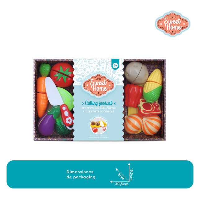 Set de corte con 10 alimentos con velcro, tabla y cuchillo de juguete B