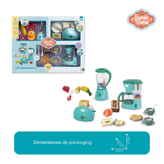 Set 3 en 1 de electrodomésticos con funciones de tostadas saltarinas y agua en circulación. Incluye luz, sonido y 28 accesorios.