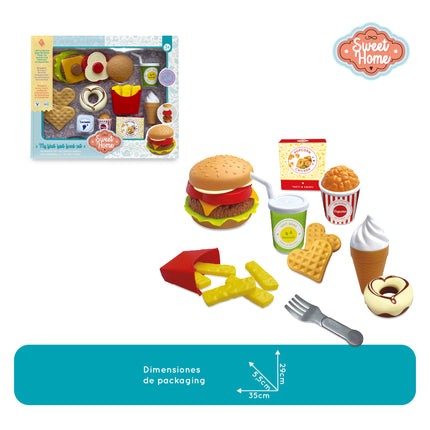 Set de comida rápida de juguete. Incluye accesorios para hamburguesas, papas y otros alimentos.